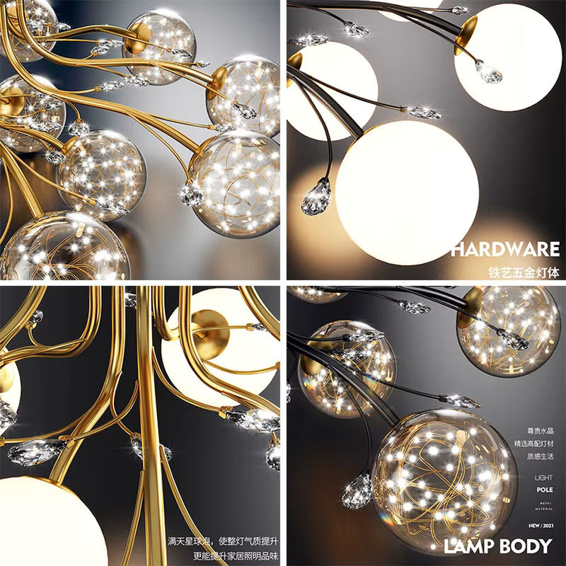 Sandyha LED Kronleuchter in Schwarz und Gold mit transparenten und weißen Glaskugeln sowie Kristallen als Pendelleuchte für dein Wohnzimmer - Bild 3