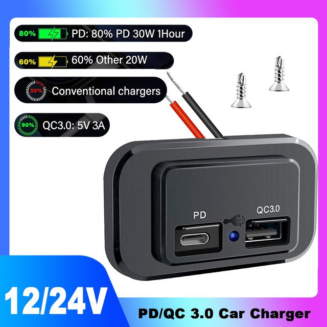 kebidumei Dual USB Auto Ladegerät mit QC 3.0 und PD Schnellladefunktion, Wasserdichtes Power Adapter Panel für 12V/24V, Schwarz - Bild 1