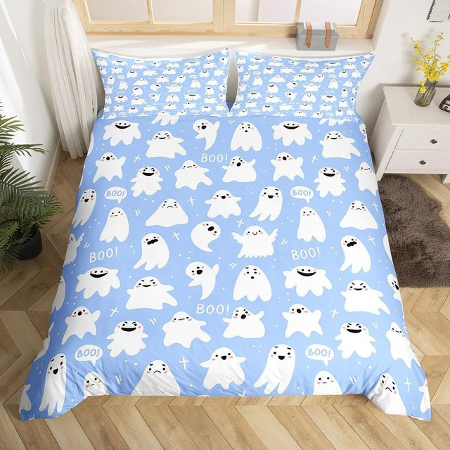 Halloween Bettwäscheset mit Geister- und Kürbis-Motiv in Gelb und Blau von Binchi Outdoor Product, Material: Polyester und Mikrofaser, B/H: 140 x 210 cm - Bild 1