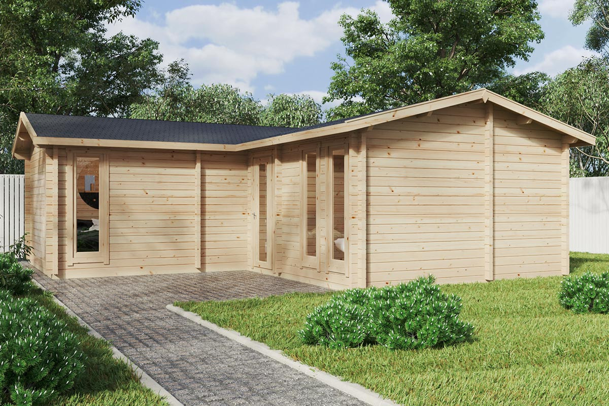 Eck-Blockhaus Devon 2 mit zwei Schlafzimmern, Gartenhaus 8x8m und Sommerhaus 4x6m - Bild 2