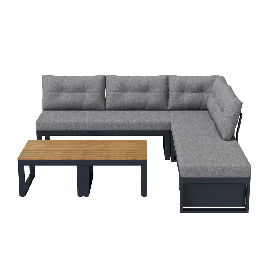 okwish L-Shape Gartenmöbelset in Grau mit Eckelement, Sofa, Couchtisch und Aufbewahrungsbox aus pulverbeschichtetem Stahl und wetterfesten Polstern - Bild 2