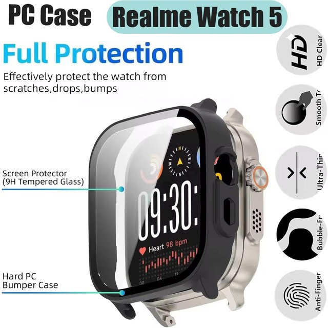 Realme Watch 5 Schutzhülle, gehärtetes Glas, Schwarz, transparent - Bild 1