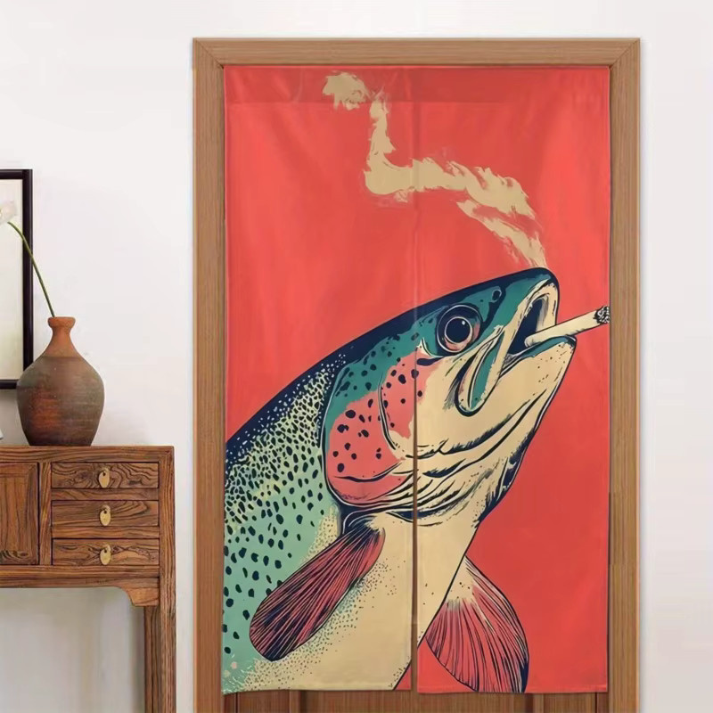 VIKAMA Leinenvorhang mit Pop-Art-Retro-Druck Rauchende Forelle, Mehrfarbig, Breite: 90 cm, Höhe: 65 cm - Bild 3