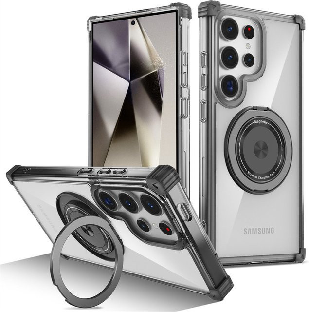 Transparente magnetische Handyhülle mit 360 Grad rotierendem kabellosem Ladeständer für Samsung Galaxy S26 Ultra S25 S24 S23 S22 S21 Plus FE in Schwarz und Transparent - Bild 1