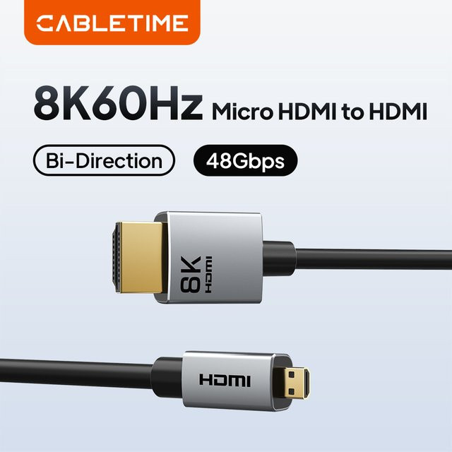 CABLETIME Micro-HDMI auf HDMI 2.1 Kabel in Schwarz für 8K/60Hz und 3D-Effekt - Bild 1