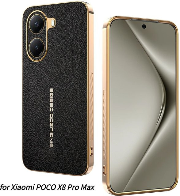 Luxus Lederhülle mit Lychee-Muster und plattiertem Rahmen für Xiaomi POCO X8 Pro Max X7 F8 Ultra F7 M8 Pro M7, Farbe: Schwarz - Bild 1