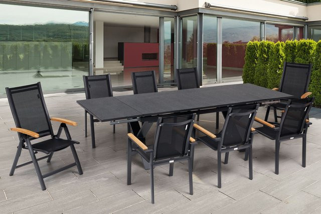 OUTFLEXX Garten-Essgruppe in Anthrazit Matt aus Aluminium, Spraystone und Teak mit ausziehbarem Tisch (180/280 x 100 cm), 6 Stapelsesseln und 2 Klappstühlen - Bild 1