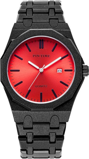 PINTIME Armbanduhr, Quarz, Edelstahl, 45 mm, Herren, schwarz/rot - Bild 1