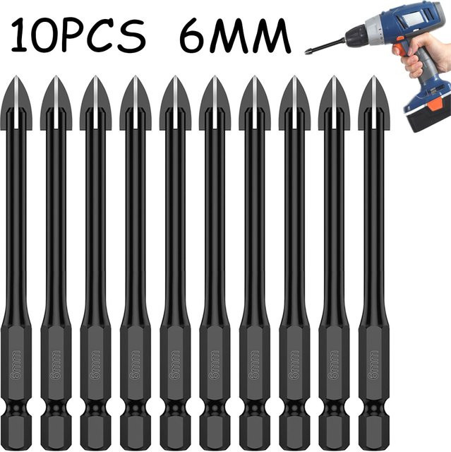 Toorise 10er Set Multifunktions Hartmetall Bohrer mit Kreuz Hex Spitze für Fliesen Porzellan Glas und Spiegel in Schwarz, Durchmesser: 6 mm - Bild 1
