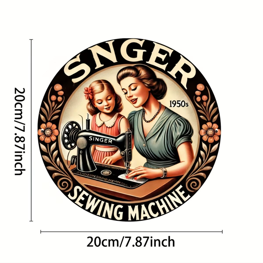 Potdemiel Vintage Singer Nähmaschinen-Wandkunstschild aus Aluminium, rundes Metallschild mit floralem Design und Typografie, Mehrfarbig, Durchmesser: 20 cm - Bild 3