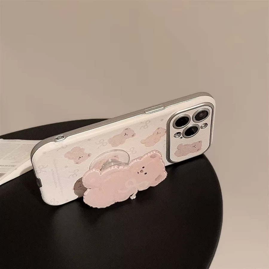 MUQGEW Handyhülle mit Cartoon-Bär und großem Fenster in Pink für iPhone 11 bis iPhone 16 Pro Max mit Lederstruktur und Objektiv-Schutz - Bild 4