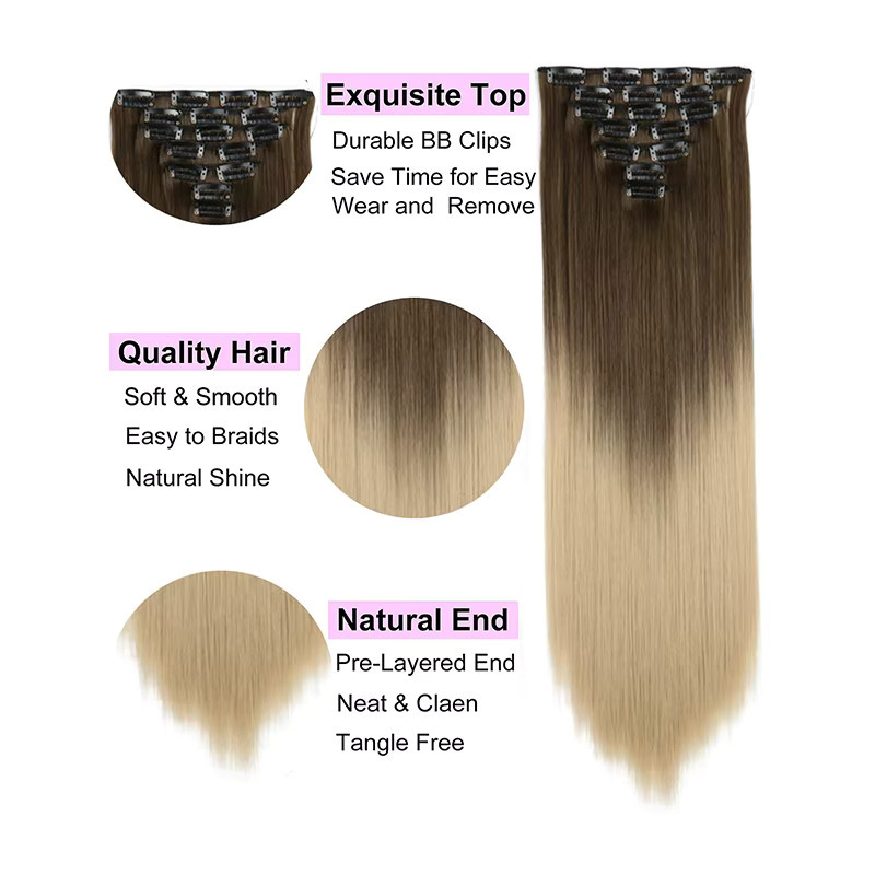 SHUOXIU Haarverlängerung Clip-in, synthetisch, 22 Zoll, schwarz, 7 Stück, Damen - Bild 3