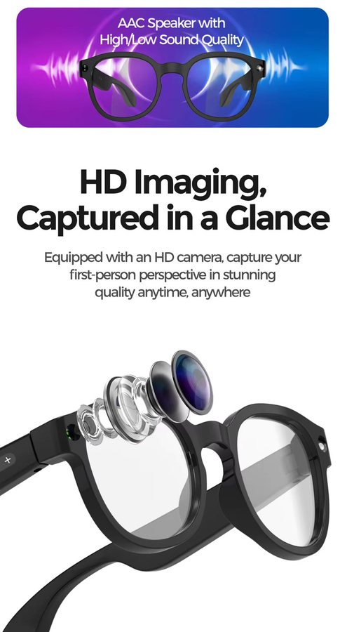 BMAD KI-Smart-Brille mit 8K HD Kamera, Bluetooth, Photochromatischer Funktion und ChatGPT-Unterstützung, Schwarz, Square - Bild 2