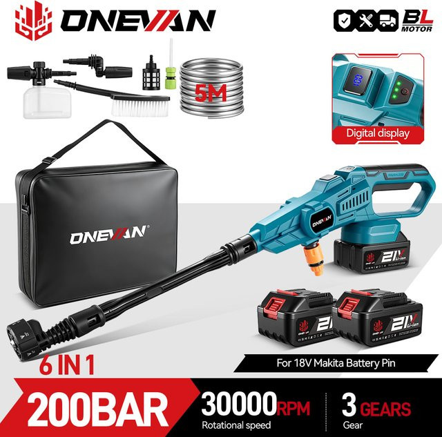 ONEVAN bürstenloser elektrischer Hochdruckreiniger mit 3500 W und 200 Bar für 21 V und 18 V Batterien - Bild 1