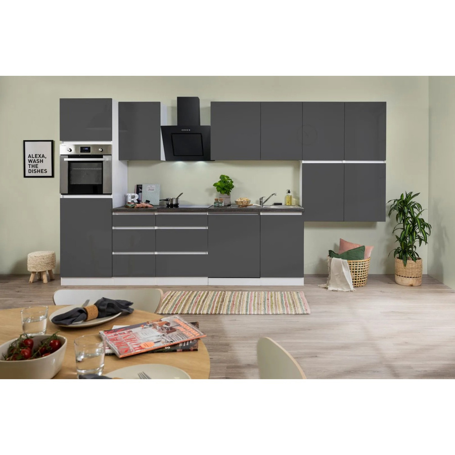 Respekta Küchenzeile ohne E-Geräte in Grau Hochglanz und Weiß, puristisches Design mit Soft-Close-Türen, Breite: 380 cm, Tiefe: 60 cm, Höhe: 220,5 cm - Bild 2