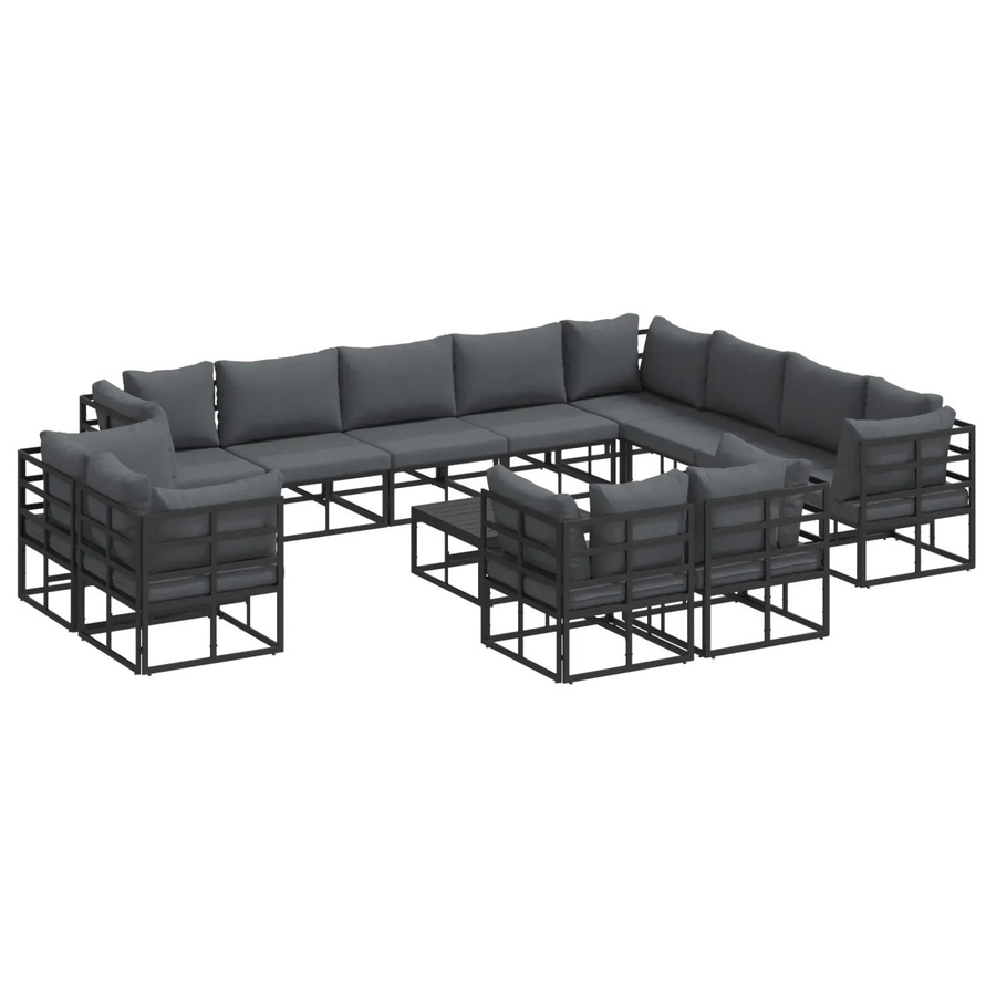 vidaXL Garten-Sofa-Set 13-tlg. in Schwarz aus pulverbeschichtetem Aluminium mit Kissen und Couchtisch für Terrasse und Garten - Bild 2
