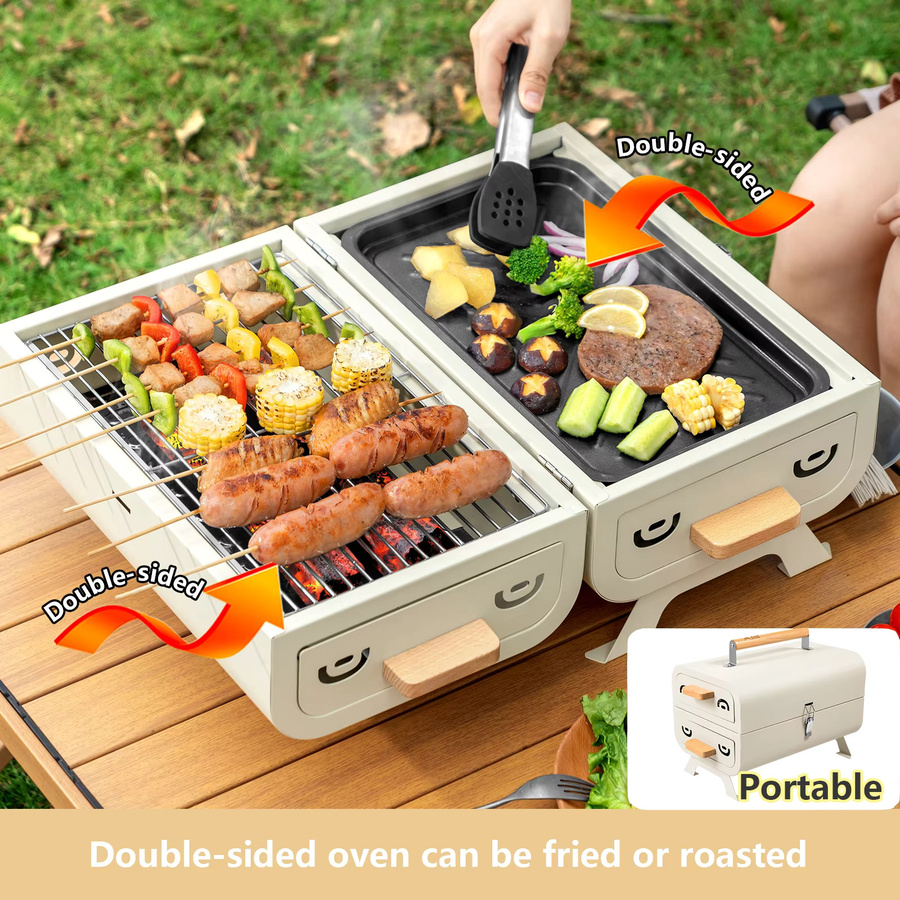 BISINNA Camping-Grill, multifunktionaler tragbarer Holzkohlegrill in Weiß, B/T/H: 49,8 x 38,0 x 38,0 cm - Bild 3