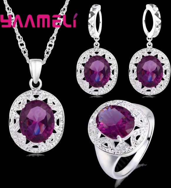 YAAMELI Schmuck-Set Damen, 925 Silber, lila Kristall, Halskette, Ohrring, Ring - Bild 1