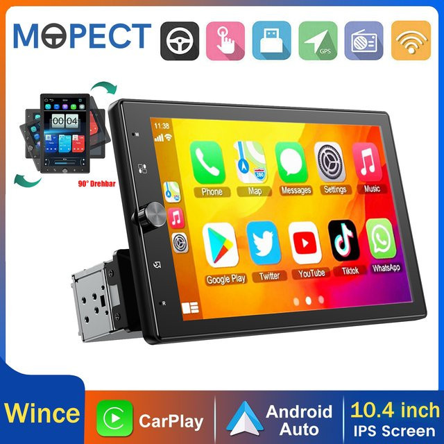 MOPECT Single-DIN Autoradio mit 10,4 Zoll drehbarem Multimedia-Touchscreen, kabellosem Apple CarPlay, Android Auto und Bluetooth in Schwarz - Bild 1
