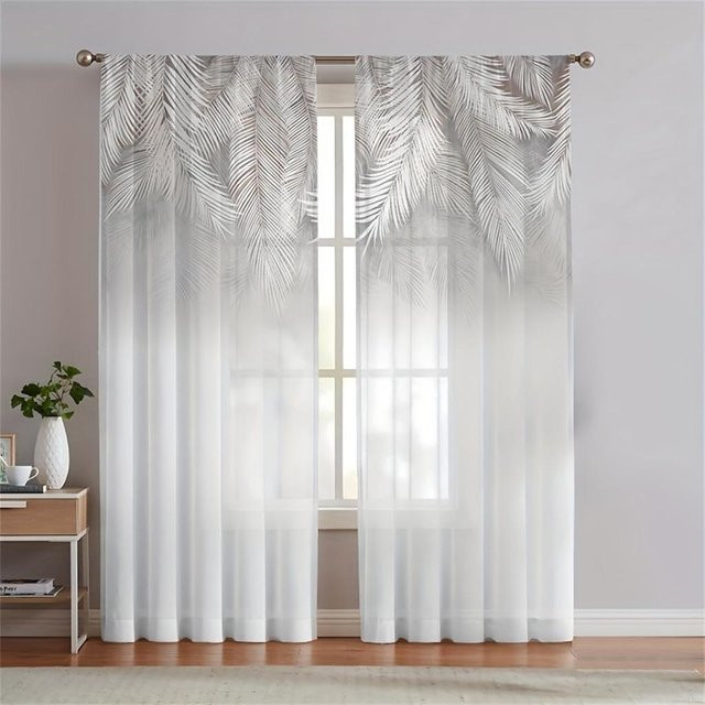 Yiran Furniture Voile-Jalousien aus Tüll mit goldenen Federn und Blättern, 2er-Set, transparent/weiß, Breite: 70 cm, Höhe: 165 cm - Bild 1