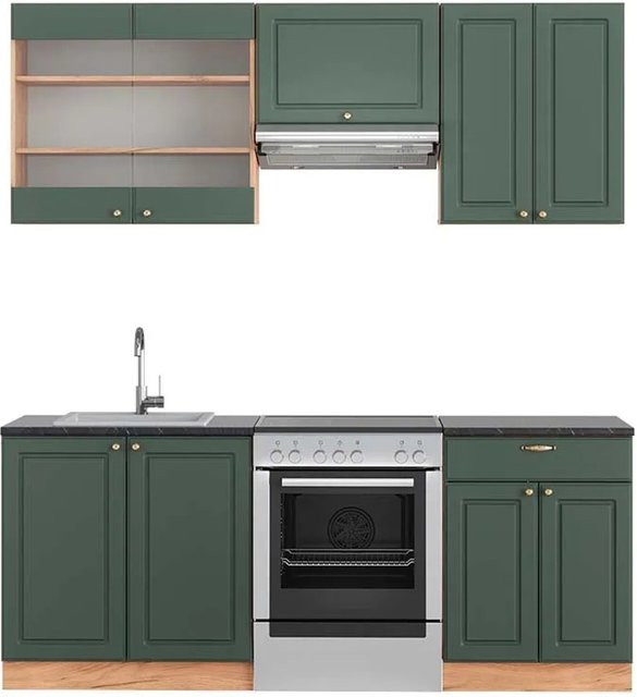 Vicco Fame-Line Küchenzeile Landhausstil in Grün-Gold und Anthrazit mit Eiche-Optik, Breite: 200 cm - Bild 1