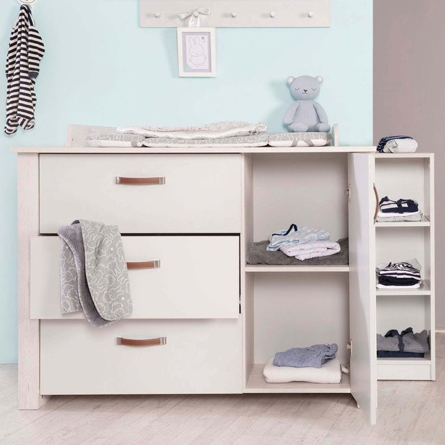 Roba Wickelkommode Mila schrankbreit in Eiche mit Weiß und Grau und Soft-Close-Schubladen, B/T/H: 126,0 x 75,0 x 98,5 cm - Bild 1