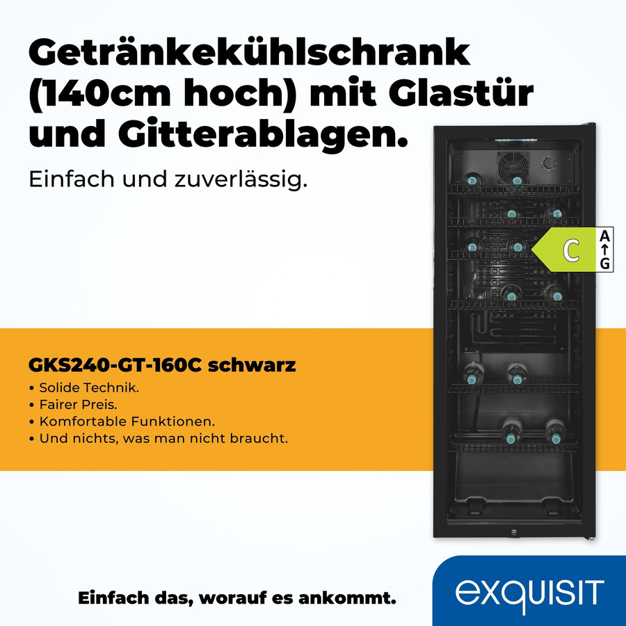 Exquisit Glastürkühlschrank GKS240-GT-160C Schwarz mit 237 l Volumen, Umluftkühlung, 6 Ablagen und Türschloss - Bild 3