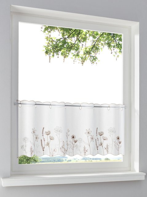 Scheibengardine Heine Home mit floralem Blütenmuster, semi-transparent, Weiß/Beige, Breite: 90 cm - Bild 1