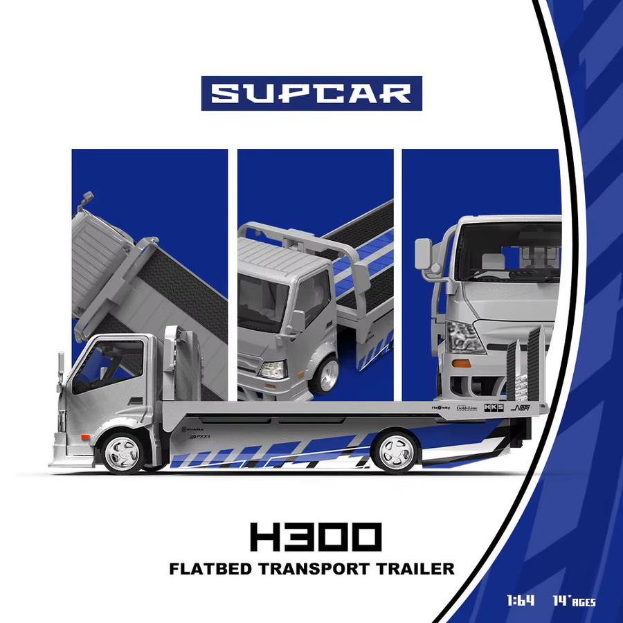 SUPCAR H300 Silber-Blauer Grafik-Flachbettanhänger, Druckguss Mini-Truck, 1:64, ab 14 Jahren - Bild 3