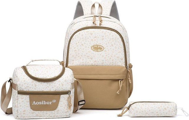 Market-6 3-in-1 Schultaschen-Set mit Rucksack, Federmäppchen und Brotdose in Leopardenmuster, Beige/Multicolor - Bild 1