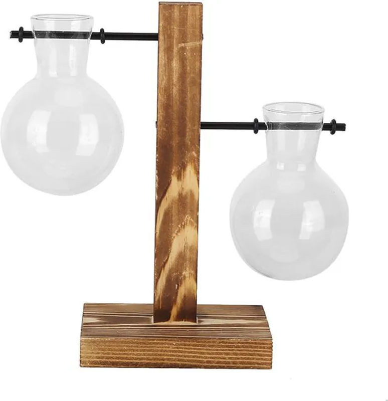 TOMTOP JMS Hydrokulturvase aus transparentem Glas mit braunem Holzständer im Vintage-Design für Schnittblumen - Bild 1