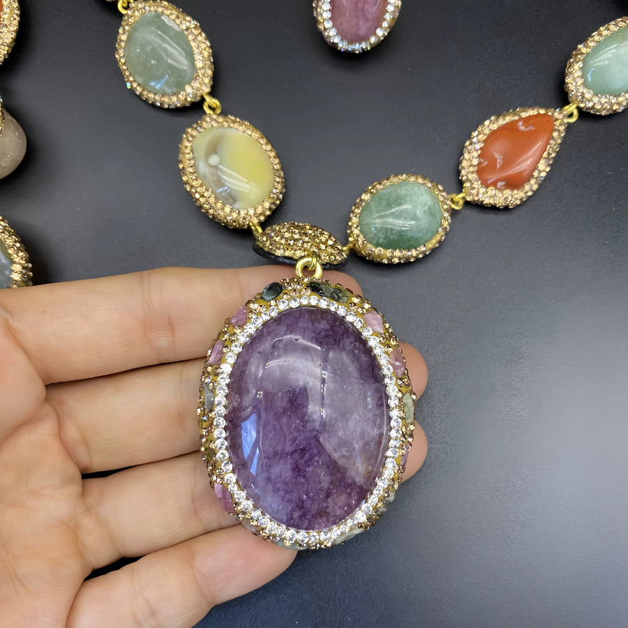mutu Schmuckset, Amethyst, Tigerauge, Quarz, Strass-Perlen, Halskette, Ohrringe - Bild 2