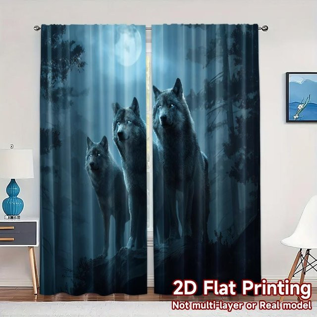 Set aus 2 modernen Polyester-Druckvorhängen mit Mondlichtwölfe-Motiv von Tonnika Chen, Breite: 100 cm, Höhe: 70 cm - Bild 1