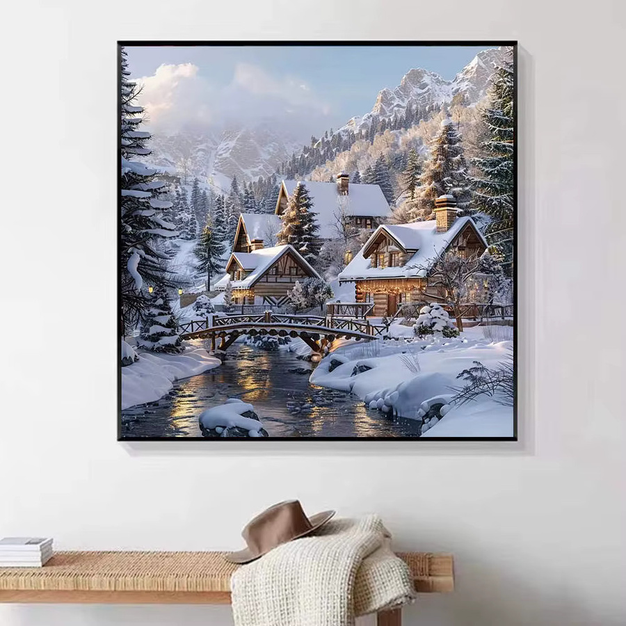 HUACAN 5D Diamant-Malerei Set Winter-Hütte in verschneiter Landschaft, Mosaik-Bastelset mit vollen Rundsteinen, B/H: 20 x 20 cm - Bild 3