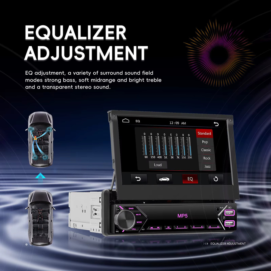 Podofo 1Din Autoradio mit 7 Zoll ausfahrbarem Bildschirm, Mirror Link MP5 Multimedia-Player, Bluetooth, Typ-C, EQ-Sound und mehrfarbiger Beleuchtung in Schwarz - Bild 3