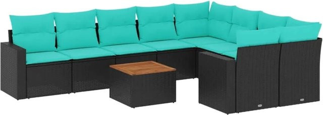 vidaXL 10-teilige Garten-Sofagarnitur aus Poly-Rattan und Akazienholz in Schwarz mit blauen Kissen - Bild 1
