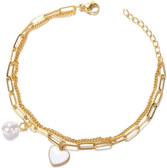 Perlenarmband Edelstahl, Herz Anhänger, beige, Damen, 20cm - Bild 1