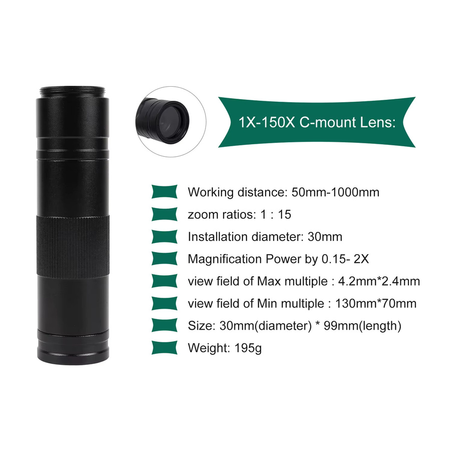 YIZHAN C-Mount Zoomobjektiv mit 150X Vergrößerung und 0,5X Zusatz-Barlow-Linse in Schwarz, 25mm Fokus und Sichtfeld 28/42/50mm - Bild 2