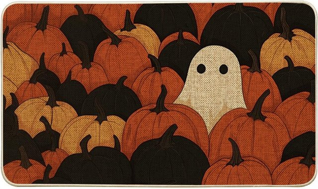 VIKAMA Ghost Pumpkin Halloween Fußmatte, rutschfest und waschbar, Orange, B/T: 60 x 40 cm - Bild 1