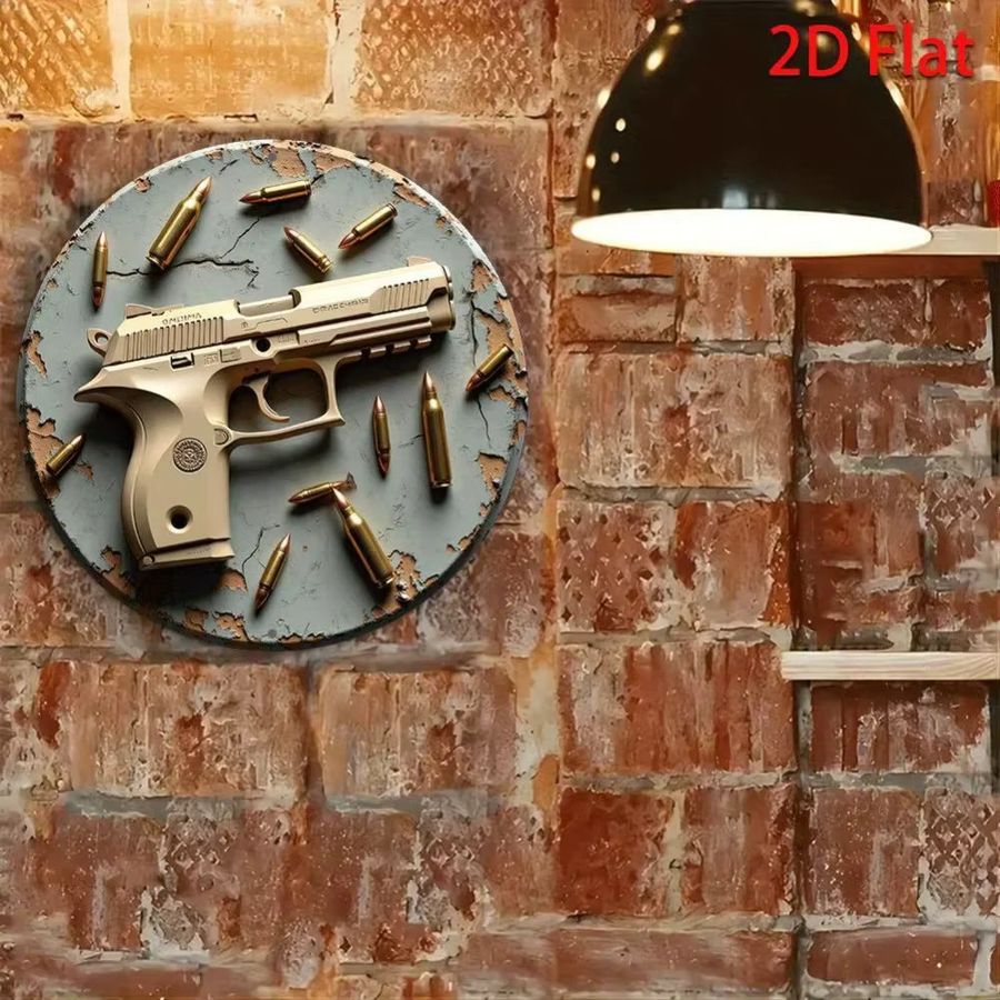 HELLOYOUNG Vintage Wandkunst aus Aluminium in Gold mit Pistole und Kugeln Design, rund, Durchmesser: 20,3 cm - Bild 4