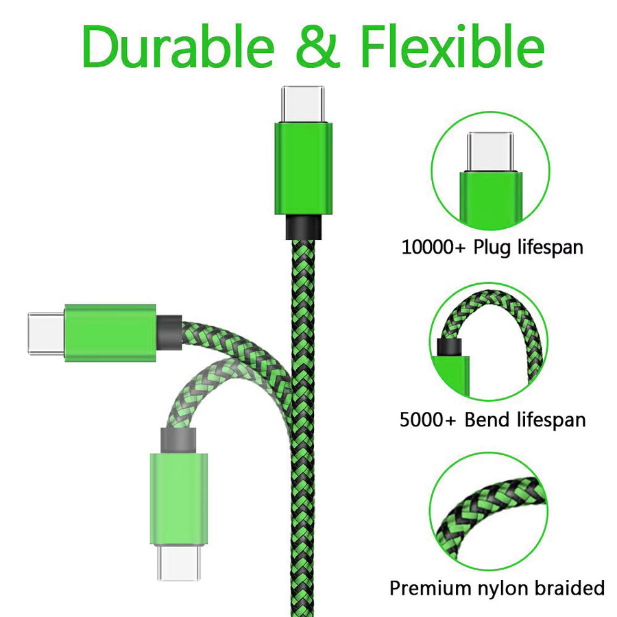 USB Typ C Kabel für Samsung Android Handys, Nylon geflochtenes Schnellladekabel mit Daten-Sync, 2,4 A, Weiß und Grün - Bild 2