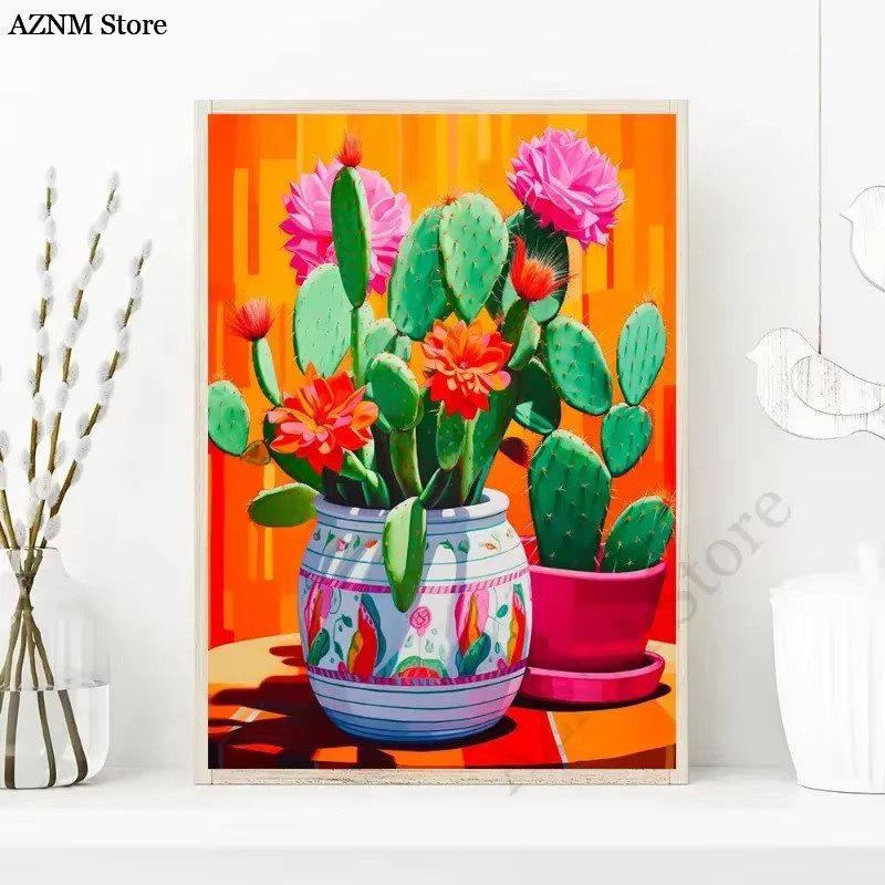 Potdemiel Wandkunst Leinwand Poster mit abstraktem Aquarell Stillleben Kaktus und Blumen in Mehrfarbig - Bild 2