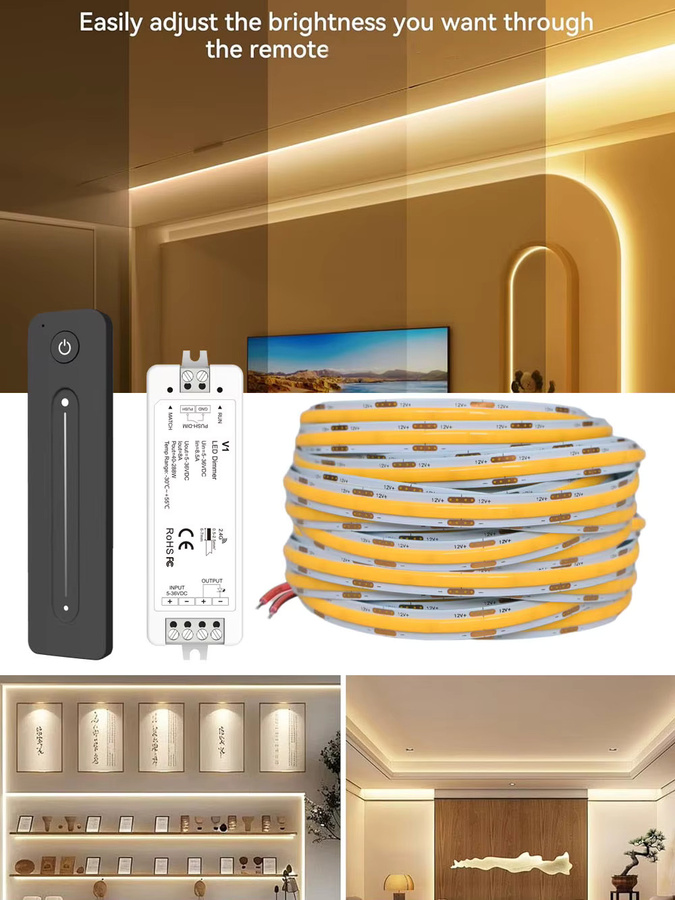 CENFAYA COB-LED-Streifen 12 V, dimmbar mit 2,4 G RF-Fernbedienung, warmweiß, flexibel für Schrank und Raumlicht - Bild 5