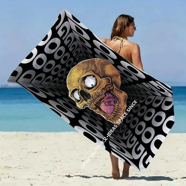 Strandtuch mit Totenkopf-Gothic-Muster in Schwarz für Erwachsene mit Sonnenschutz und Windschutz - Bild 1