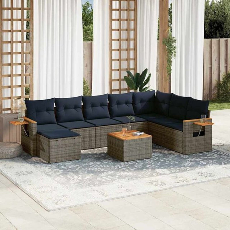 9-tlg. modulare Garten-Sofagarnitur mit Polyrattan und Kissen in Grau und Blau von Vidaxl - Bild 1