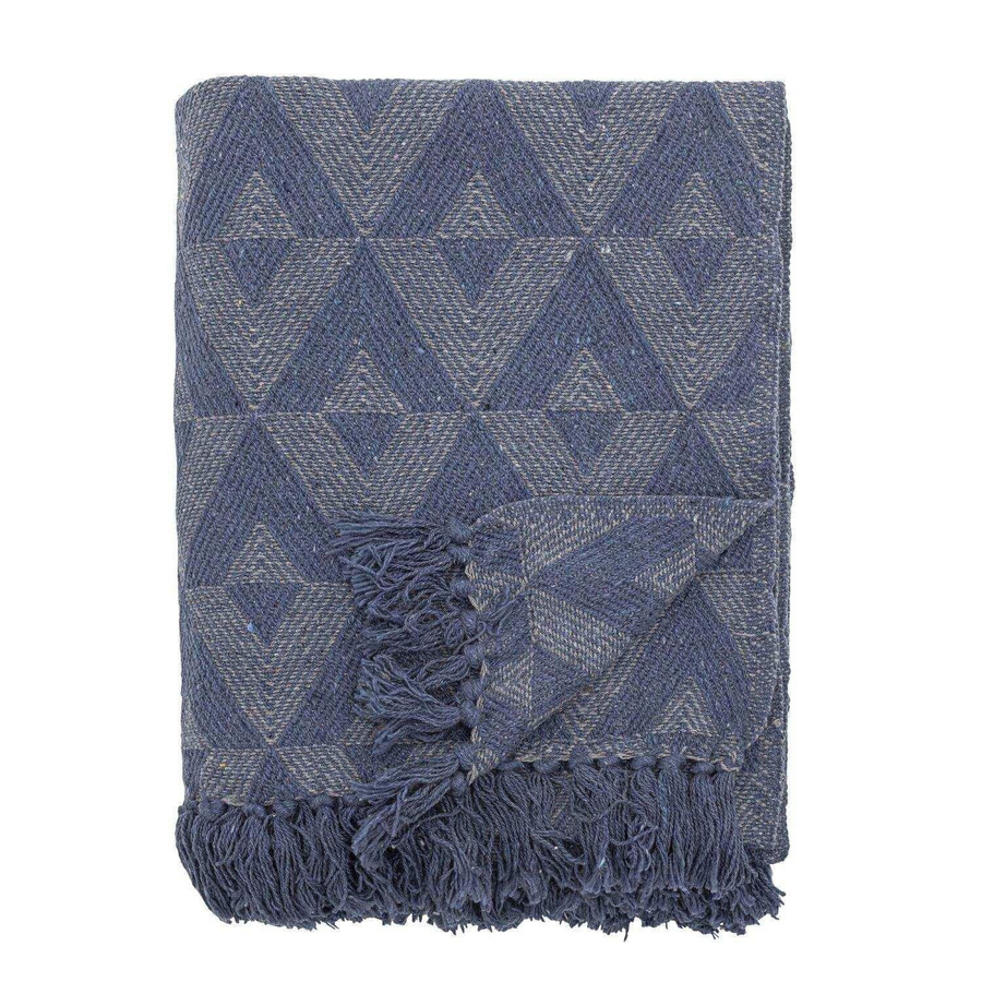 Bloomingville Plaid Udine Decke aus recycelter Baumwolle in Blau und Grau mit geometrischem Muster, B/B: 160 x 130 cm - Bild 1
