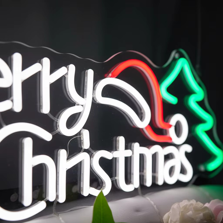 Weihnachts-Neonschild mit Weihnachtsmütze und Baum, mehrfarbig, USB-betrieben mit Schaltersteuerung, Wandbehang-Dekoration für Zuhause und Party, B/H: 40,0 x 15,0 cm - Bild 2