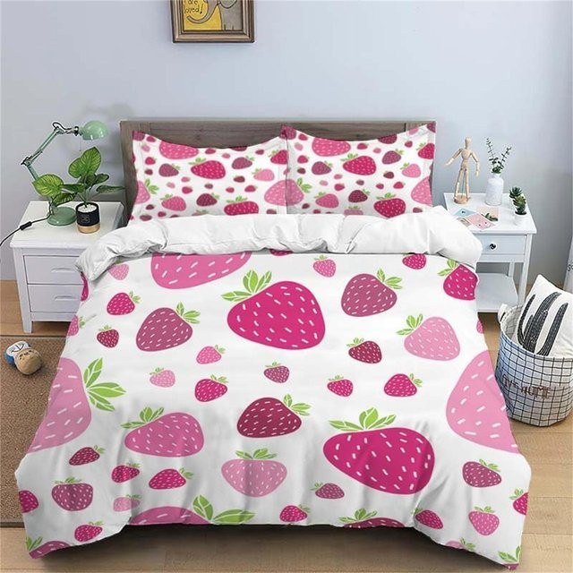 JMG Household Supplies Bettwäsche Set für Mädchen mit Erdbeere-Motiv, 2-teilig aus Mikrofaser, pink, B/H: 135 x 200 cm, Kissenbezug: 50 x 70 cm - Bild 1