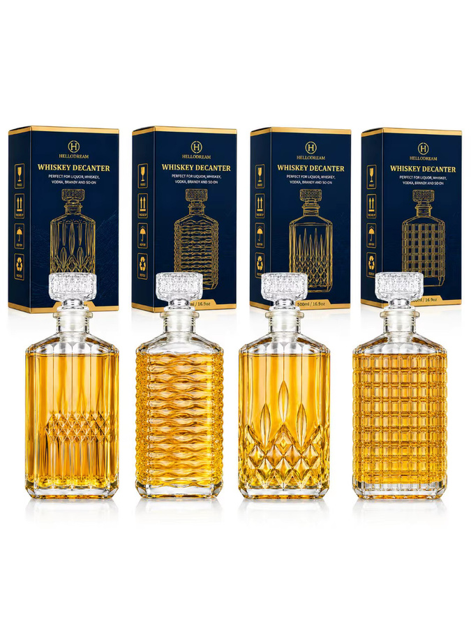 hellodream Whiskey-Dekanter-Set aus Glas mit 4 transparenten Flaschen im geometrischen Design, Füllmenge pro Flasche: 500 ml - Bild 6