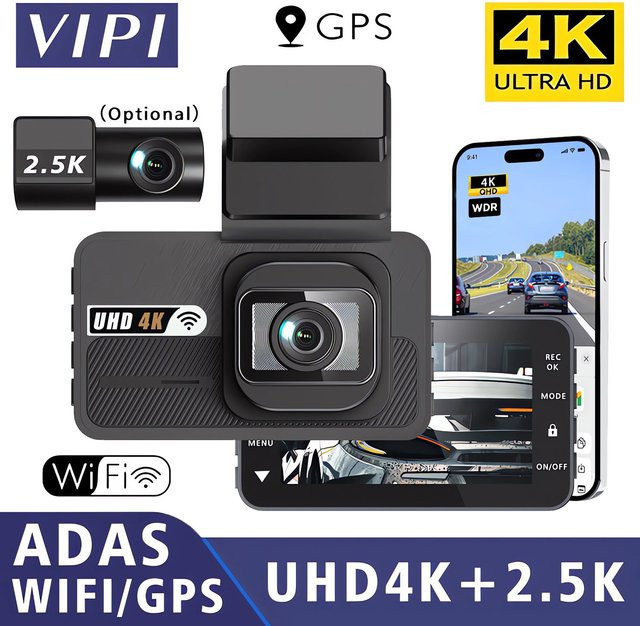 Dual Dashcam mit UHD 4K und 2,5K Auflösung, ADAS, WIFI und GPS, Mini Auto DVR Video Recorder mit Nachtsicht in Schwarz - Bild 1
